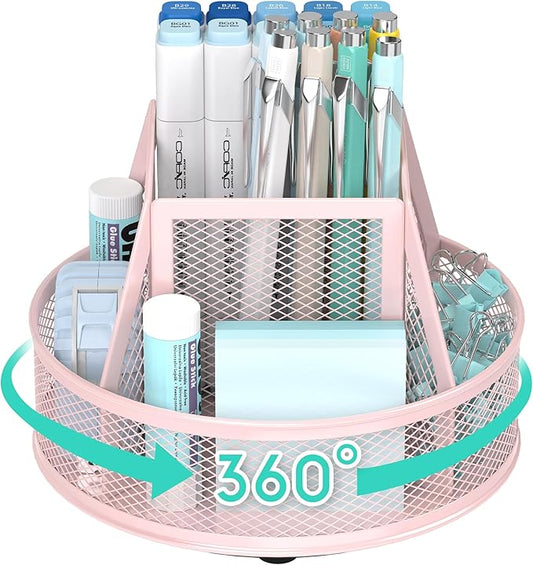 YINGHUA Metal Mesh Desk Organizer with 5 Compartments and Rotating Pencil Holder Pen and Stationery Organizer for Office Home School Anti Slip Base Pink