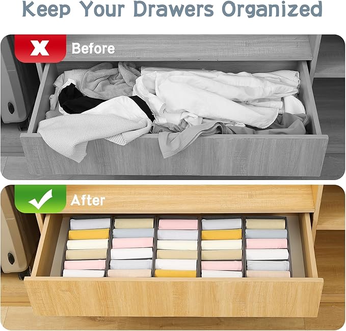 Qozary 3 Pack Sock Underwear Drawer Organizer Dividers, Non-Woven Fabric Collapsible Cabinet Closet Storage Boxes for Clothes, Socks, Lingerie, Underwear, Tie, Belt, Baby, Bedroom (Gray, 6 Cells)