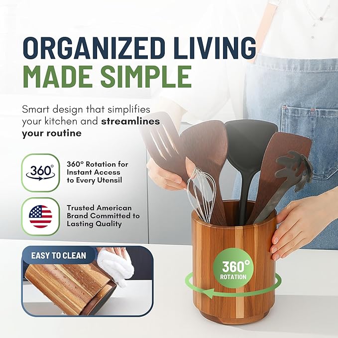 Linda's Essentials Acacia Wooden Utensil Holder for Kitchen Counter, 7.2" Wood Utensil Holder Counter, Kitchen Utensils Holder with 360° Rotation, Non-Slip Large Utensils Holders, Spatula Holders