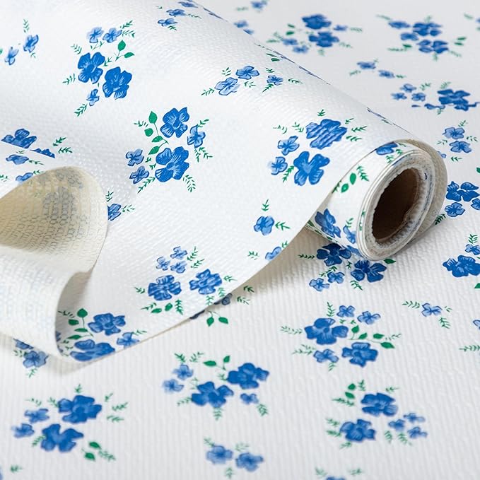 RAY STAR Shelf Liner, Non Adhesive Blue Floral Kitchen Cabinet Liner for Pantry Drawer Vanity, Strong Grip Non Slip, Shelf Liners for Cupboard 18 Inch x 8 FT (6 Rolls) Signature Delivery