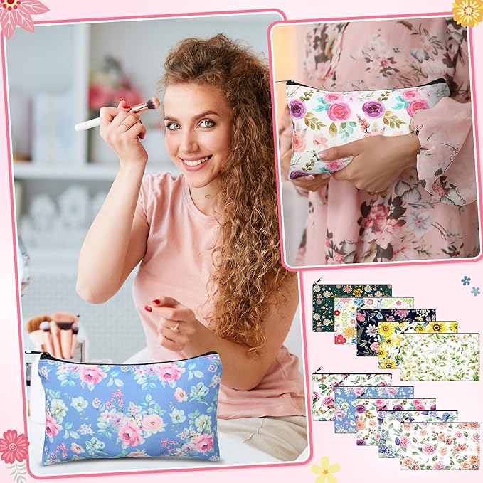 Reginary 20 Pcs Flower Cosmetic Bag Bulk for Women Floral Makeup Bags Gifts Roomy Flower Makeup Bags with Zipper Toiletry Bag Pouch Travel Accessory Organizer Gifts, 7 x 4.3 Inches