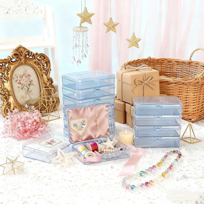 LJY 12 Pieces Rectangular Empty Mini Clear Plastic Organizer Storage Box Containers with Hinged Lids (4.5 x 3.3 x 1.1 inch, Blue)