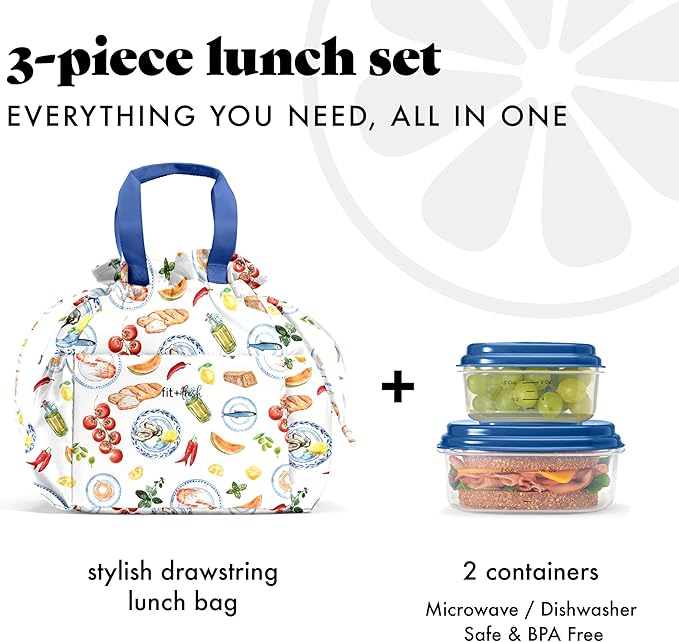 Fit & Fresh Cromwell Drawstring Lunch Bag for Women, Complete Lunch Set with 2 Containers, Stain-Resistant, Leak-Resistant, Back to School Essential, Teacher Lunchbox, Al Fresco