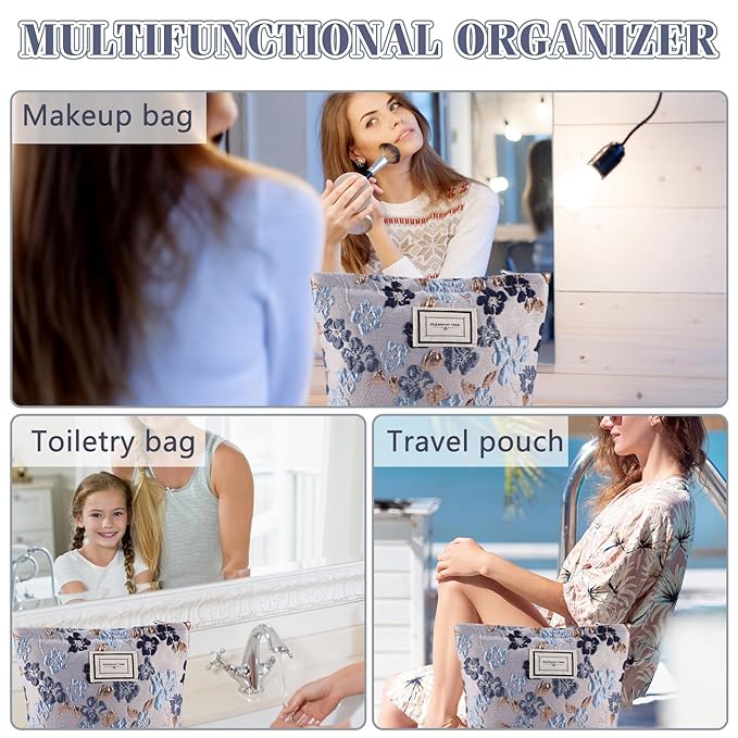 ZLFSRQ Flower Makeup Bag Travel Cute Floral Cosmetic Bags for Women Large Toiletry Pouch Zipper Cosmetic Pouch for Purse Aesthetic Gray Blue Embossed Makeup Organizer Bag Portable Toiletry Bags
