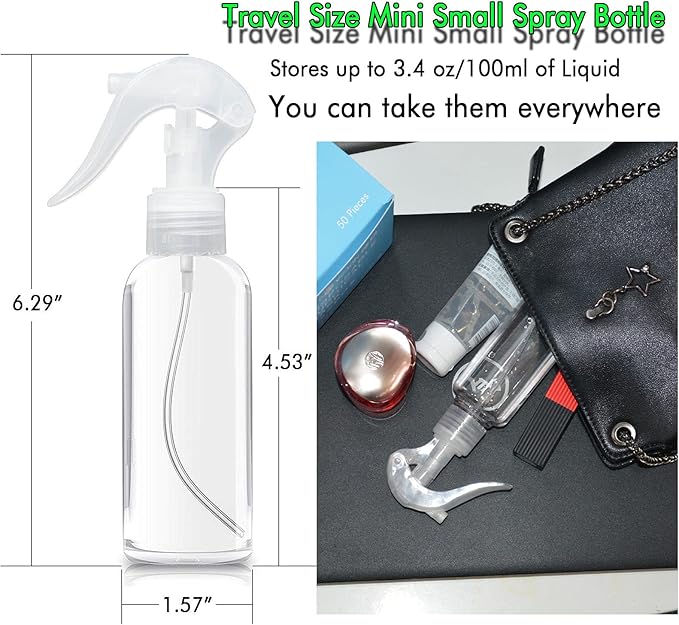 Small Spray Bottles, Hair Spray Bottle 3.5oz/100ml Clear Plastic Fine Mist Travel Size Mini Empty Bottle Set Refillable Reusable Liquid Container for Essential Oils Water Squirt (2 Pack)