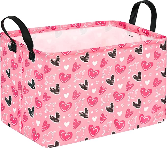 KUNRO Rectang Heart Valentine's Storage Basket Gift Shelf Basket Storage Bin, Nursery Basket Organizer Box for With Handles for Room Deco