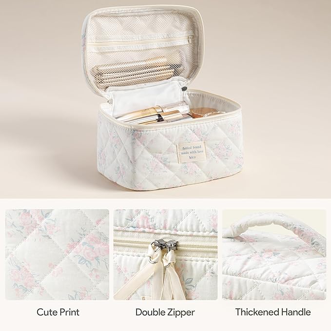 HBselect Quilted Makeup Bag, 3PCS Cotton Large Travel Makeup Bag, Cute Floral Coquette Make up Bag Cosmetic Bag Toiletry Bag for Women Girls