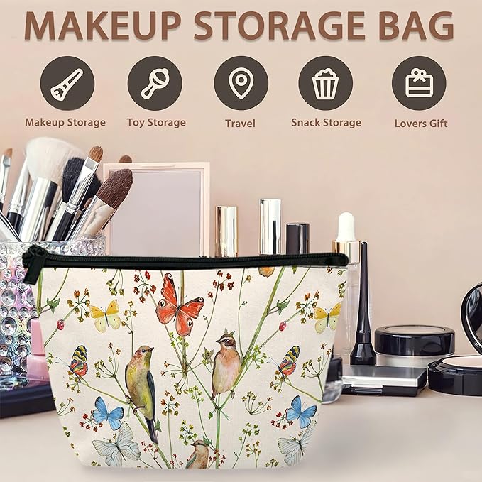 Vintage Bird Butterfly Makeup Bag Travel Cosmetic Bag for Women,Floral Small Make up Pouch Travel Bags for Toiletries Aesthetic Accessories Waterproof Gifts