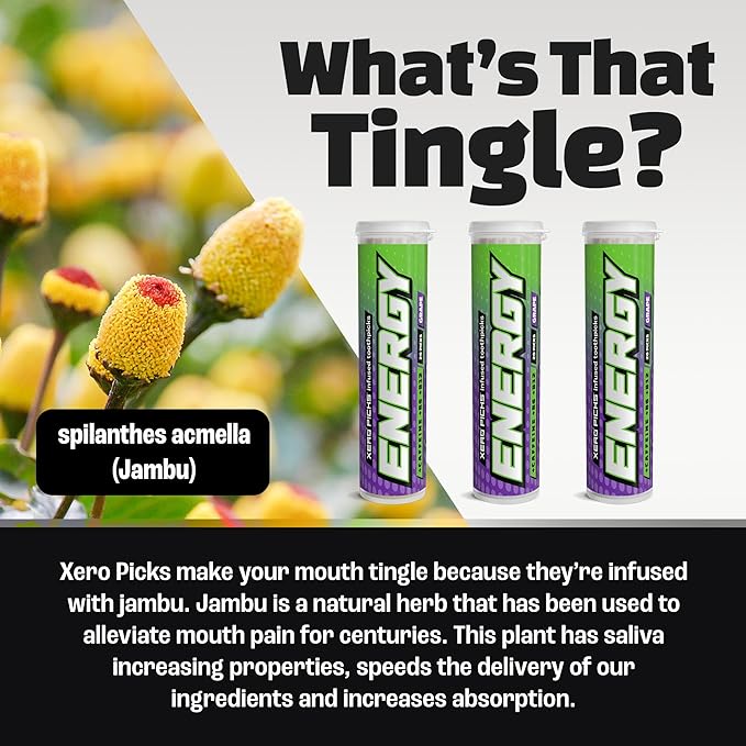 Xero Picks Energy Caffeine Flavored Toothpicks B12 for Focus & B6, 60 Picks (Pack of 3) (Grape) Sugar-Free Alternative to Energy Mints & Gum - Kosher
