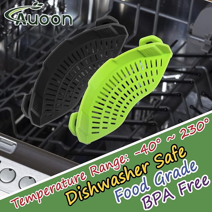 2PACK AUOON Clip on Strainer for All Pots Pans - Silicone Pasta Strainer Kitchen Colander for Draining Noodles Spaghetti Ground Beef Grease｜Easy to Use and Store, Dishwasher Safe (BlackGreen)