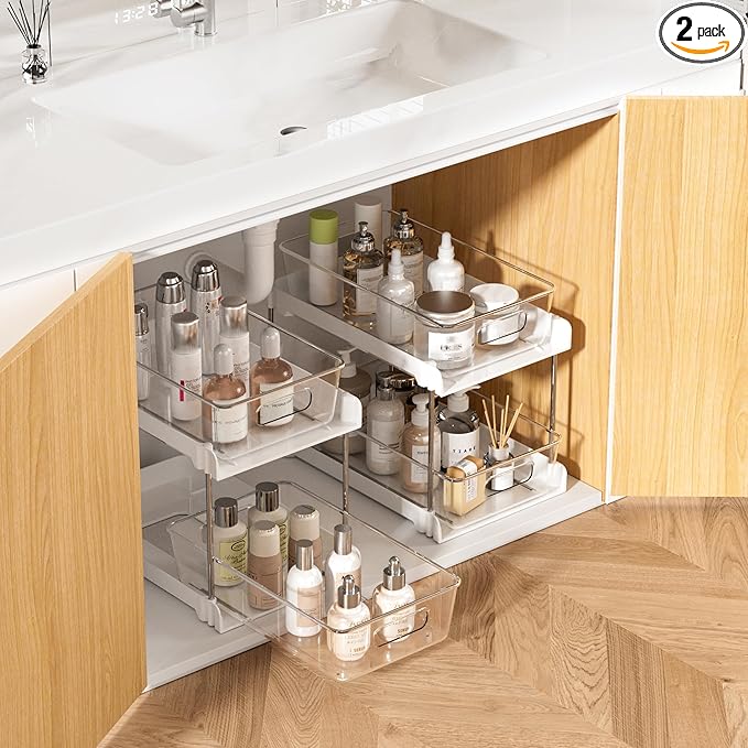 Vtopmart 2 Pack Bathroom Organizer, 2 Tier White Under Sink Organizers Vanity Countertop Storage Container, Cabinet Drawers Bins, Pull-Out Organization with Track for Pantry, Kitchen