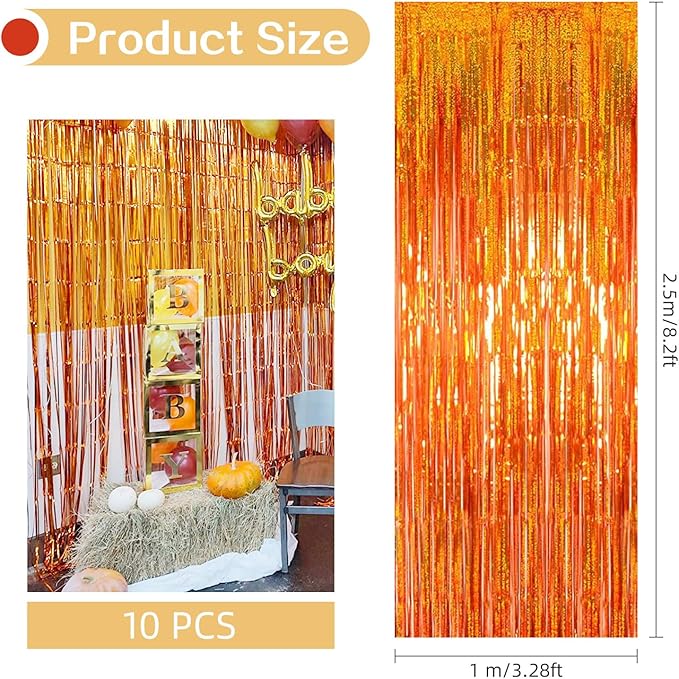 10 Pack Orange Backdrop Curtain 3.2ft x 8.2ft Metallic Tinsel Foil Fringe Curtains Photo Booth Background for Birthday Party Decoration Baby Shower Engagement Wedding Christmas Decoration