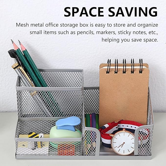 2 Pcs Metal Pen Holder for Desk with 3 Compartments, Office Desktop Organizer Pencil Cup Caddy for Stationery Marker Storage School Home Supplies(Black，Silver (Silver)