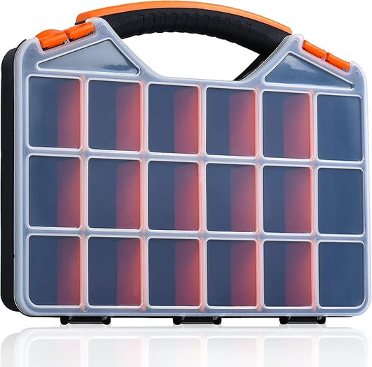 Andalus Tools Organizer Box, Small Parts Storage 18-Compartment Portable Hardware Organizer Removable Plastic Dividers for Screws, Nuts, Bolts, Nails – Orange (1 Pack, 12.5" x 10.5" x 3")