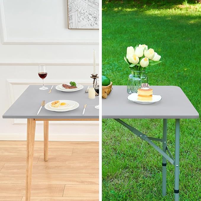 Fitted Rectangle Tablecloth 24 x 48 Inch Elastic Table Cloth for 4ft Table, Stretch Spandex Tables Cover Silver Washable Polyester Tables Top Cap Cover for Dining Picnic Camping Indoor and Outdoor