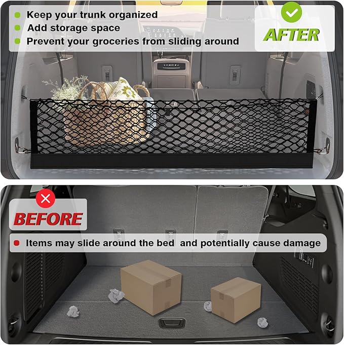 Muslogy Envelope Style Trunk Cargo Net Compatible with 2021-2025 Chevy Suburban&Tahoe, GMC Yukon&Yukon XL, Cadillac Escalade Accessories Upgraded Mesh Storage Luggage Net with Metal Hooks