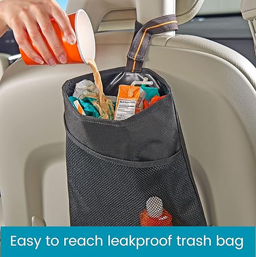 High Road Small Hanging Car Trash Bag with Waterproof Liner, Storage Pocket and Adjustable Strap - Hangs from Handles or Headrest Posts Without Taking Up Legroom