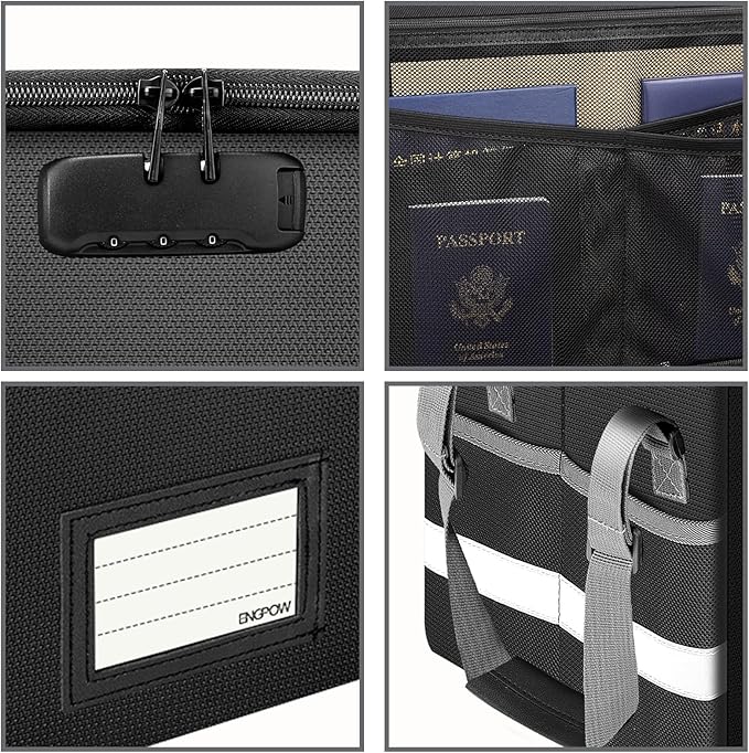 ENGPOW File Box with Lock, Fireproof Document Box with Pockets, Collapsible File Organizer Filing Storage Cabinet with Handle, Portable Home Office Safe for Hanging Letter/Legal Folders, Black, 2 Pack