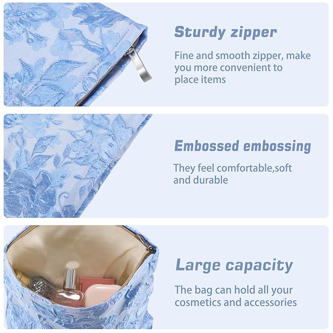 ZLFSRQ Flower Makeup Bag Travel Cute Floral Cosmetic Bags for Women Large Toiletry Pouch Zipper Cosmetic Pouch for Purse Aesthetic Embossed Blue Makeup Organizer Bag Portable Toiletry Bags