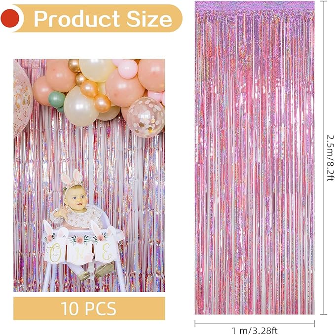 10 Pack Pink Backdrop Curtain 3.2ft x 8.2ft Metallic Tinsel Foil Fringe Curtains Photo Booth Background for Birthday Party Decoration Baby Shower Engagement Wedding Christmas Decoration