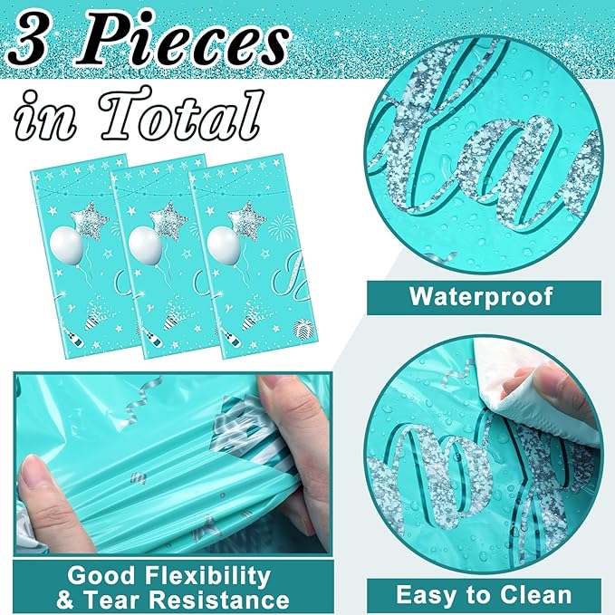 Tudomro 3 Pcs Happy Birthday Tablecloths Happy Birthday Party Decorations Plastic Table Cover Rectangular Cloths for Women Men Baby Shower Party Supplies, 108 x 54 Inch (Teal)