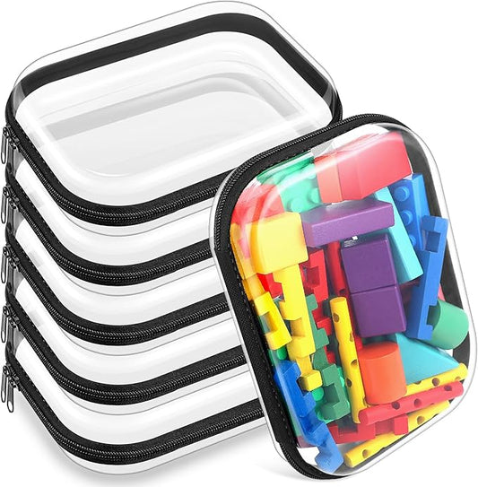 Sanwuta 6 Pcs Clear Hard Zipper Case Plastic Zipper Pouches Transparent Makeup Bag Pencil Case Pouches Toiletry Diaper Bag for Travel Toy Storage Organizer Bins (Black, 7.87 x 5.9 x 2 Inch)