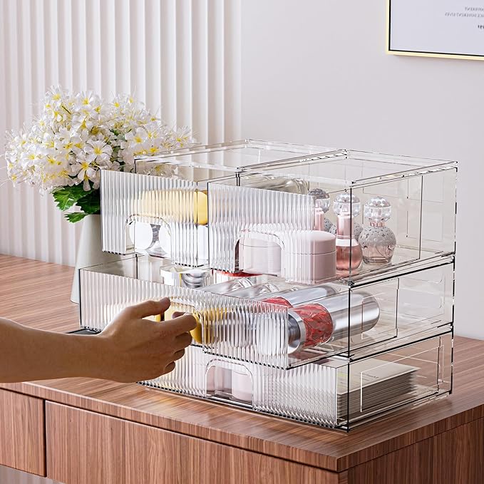 ZHIAI Stackable Storage Box, Acrylic Organizer, Cosmetic Organizer for Cosmetics and Beauty Products for Dressers, Bathrooms, Cabinets, Bedrooms and Home Organization 4 Piece Set
