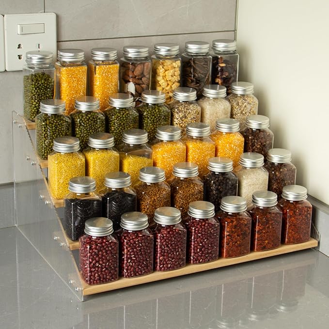 nianfeng 5-Tier Tiered Spice Rack, Spice Pantry Kitchen Cabinet Organizer, 16-Inch, Natural Wood Acrylic Stair Riser Stand, Countertop Seasoning Shelf