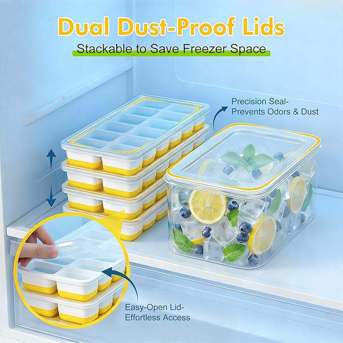 NFK Ice Cube Tray with Lid & Bin - 4 Pack 48 Cubes Stackable Silicone Trays for Freezer with Storage Container, Leak-Proof Lids, BPA-Free, Easy Release for Kitchen, RV, Party, Cocktail & Coffee