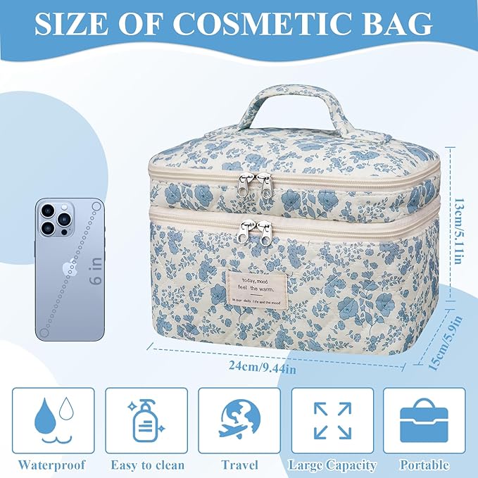 Gosect Makeup bag, Large Cosmetic Bag for Women Girls, Cute Quilted Makeup Bags, Floral Coquette Aesthetic Toiletry Bag, Travel Make Up Organizer Bag (Pink)