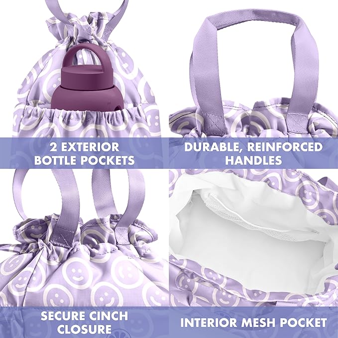 Fit & Fresh Cromwell Drawstring Lunch Bag for Women, Complete Lunch Set with 2 Containers, Stain-Resistant, Leak-Resistant, Back to School Essential, Teacher Lunchbox, All Smiles Lavender