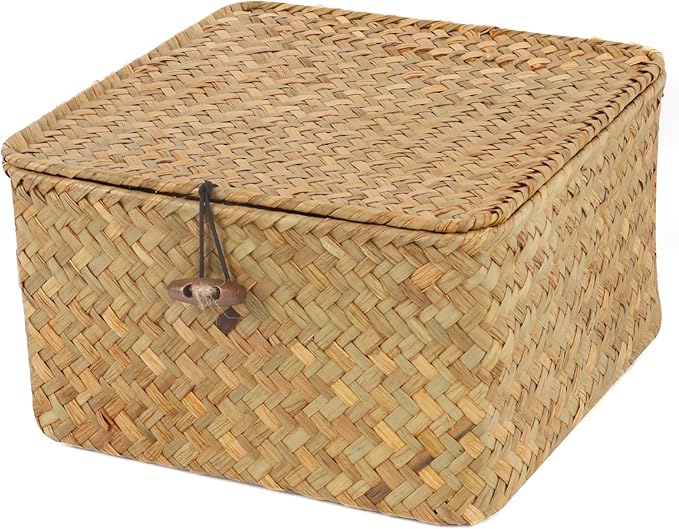 Wicker Shelf Baskets with Lid, Handwoven Seagrass Storage Basket Bins Square Gift Boxes for Shelves Home Decor Organizer (Natural, Small)