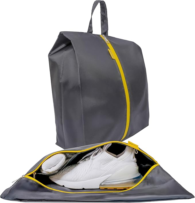 Water Resistant Travel Shoe Bags with Two Inner Pockets - Shoe Carrier Storage Cube Pouch Pack with Zipper & Handle - Portable Shoe Bag for Gym, Traveling, Dance, Track & Field - Grey