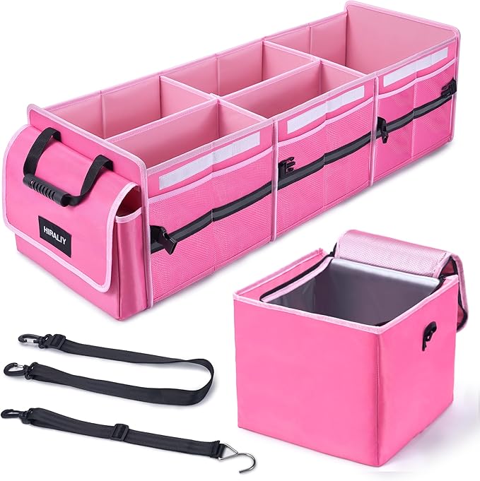 HIRALIY 4 in 1 Car Trunk Storage Organizer with Leakproof Cooler Bag, Multi-Compartment Foldable Trunk Storage Box for Car Truck SUV