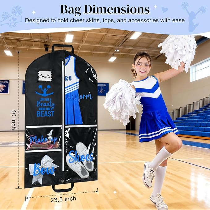DEEKA Cheer Garment Bag for Hanging Clothes with Zipper Pockets Cheer Accessories Mom Essentials Uniform Costume 40 Inch Black Bags Stuff for Cheerleading Girls (Black,Blue-Cheer Quote)