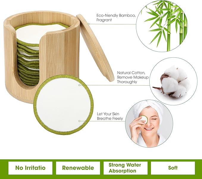 16PCS Reusable Cotton Pads Makeup Remover Face Cotton, Bamboo Storage Box Soft Facial Round, Washable Laundry Zero Waste Cleansing Wipes Storage Bamboo Box Bag Holder for Skin Care Gifts Exfoliating