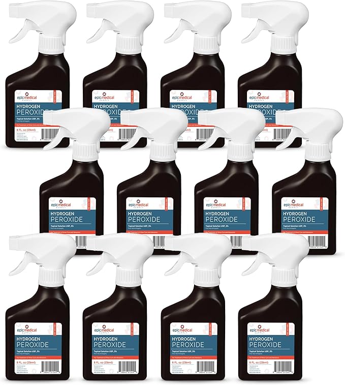 Epic Medical Supply Hydrogen Peroxide Spray 3% USP - First Aid Antiseptic for Cuts & Scrapes - Antiseptic Disinfectant Multi-Purpose Cleaner - 8oz / 236ml Trigger Spray Bottle (12 Bottles)