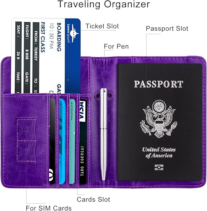 WALNEW Passport Holder for Travel, RFID Passport Cover Wallet for Women Men, PU Leather Passport Book Card Holder Case with Pen (Elastic Band Closure, A-Purple)