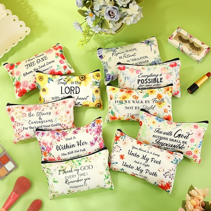 Reginary 20 Pcs Religious Cosmetic Bags Bulk for Women Christian Purse Organizer Pouches Roomy Makeup Bags with Zipper Toiletry Bag Pouch Travel Church Accessory Organizer Gifts, 7 x 4.3 Inches