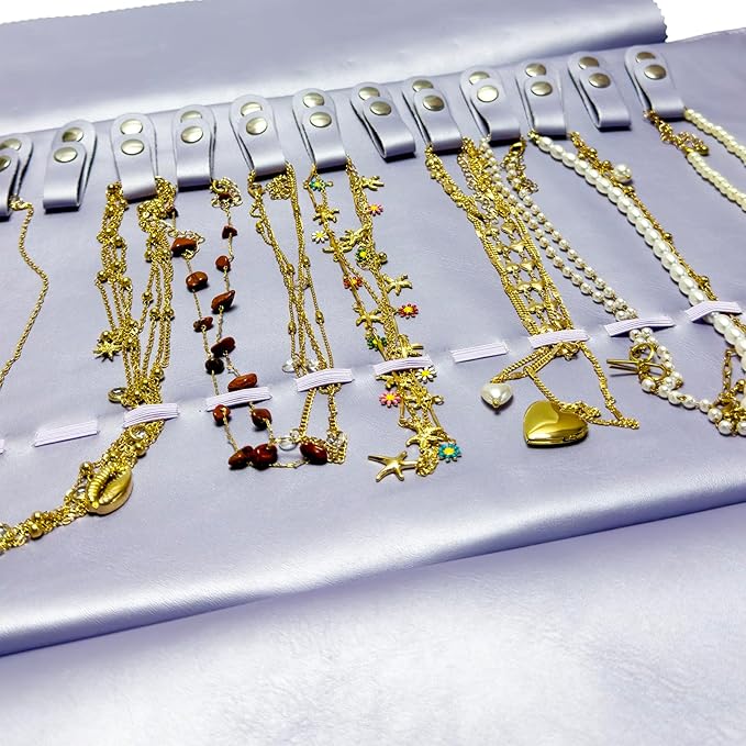 UnionPlus Travel Jewelry Roll, Faux Leather Necklaces Organizer Bag, Elastic Band and Anti-winding, Lavender Violet