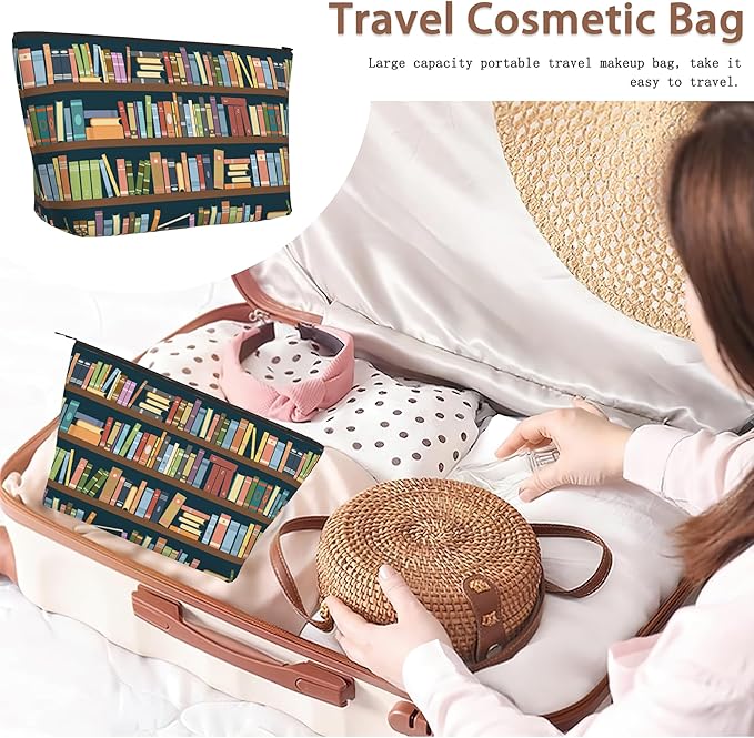 Vintage Bookshelves Makeup Bag Travel Cosmetic Bag for Women,Library Books Small Make up Pouch Travel Bags for Toiletries Aesthetic Accessories Waterproof Gifts