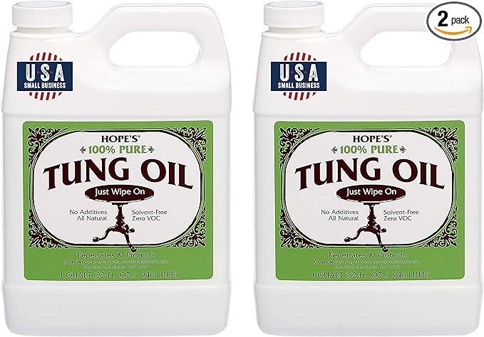 HOPE'S 100% Pure Tung Oil, Food Safe, Premium Waterproof Natural Wood Finish and Sealer for Indoor and Outdoor Projects, 32 Fl Oz, 2 Pack