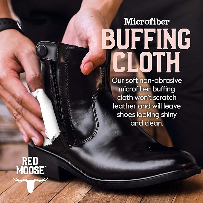 3pc Shoe Shine Kit - Shoe Brush and Cleaning Cloth Set - [2] Premium Horsehair Cleaning Brushes and X-Large Buffing Cloth - Leather Polish and Care Set for Shoes and Boots - Red Moose