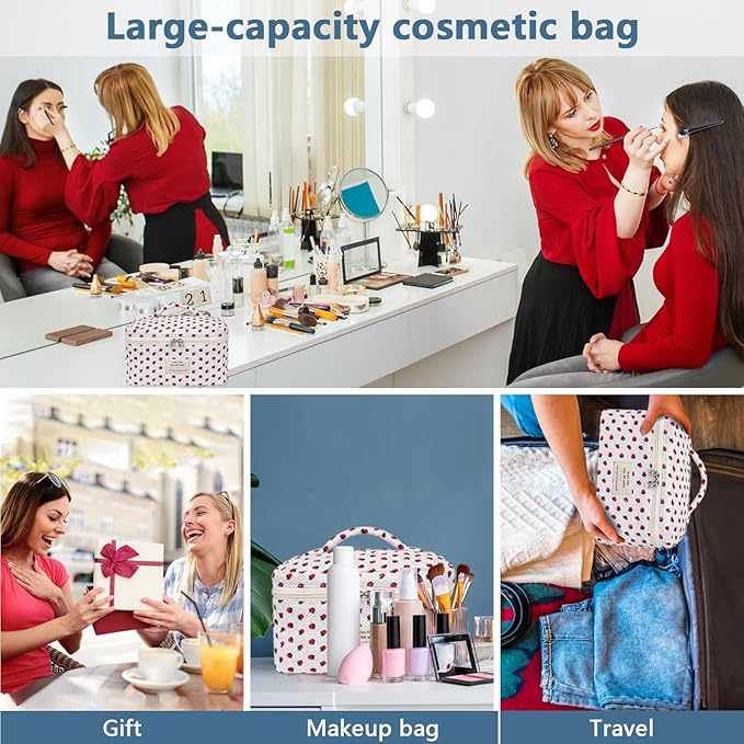 Large Makeup Bag, Cute Cosmetic Bag for Women Girls, Floral Coquette Aesthetic Toiletry Bag, Travel Make Up Organizer Bag (Strawberry)