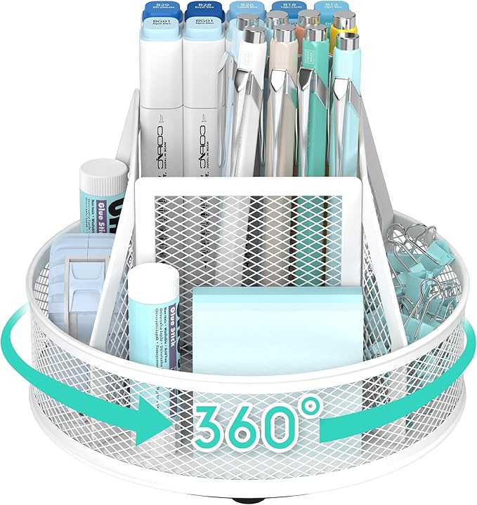 YINGHUA Metal Mesh Desk Organizer with 5 Compartments and Rotating Pencil Holder Pen and Stationery Organizer for Office Home School Anti Slip Base White