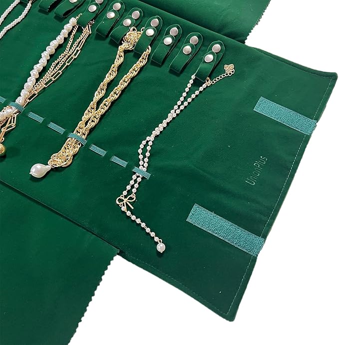 UnionPlus Velvet Travel Jewelry Roll Bag Organizer for Necklace, Elastic Band and Anti-winding, Blackish Green