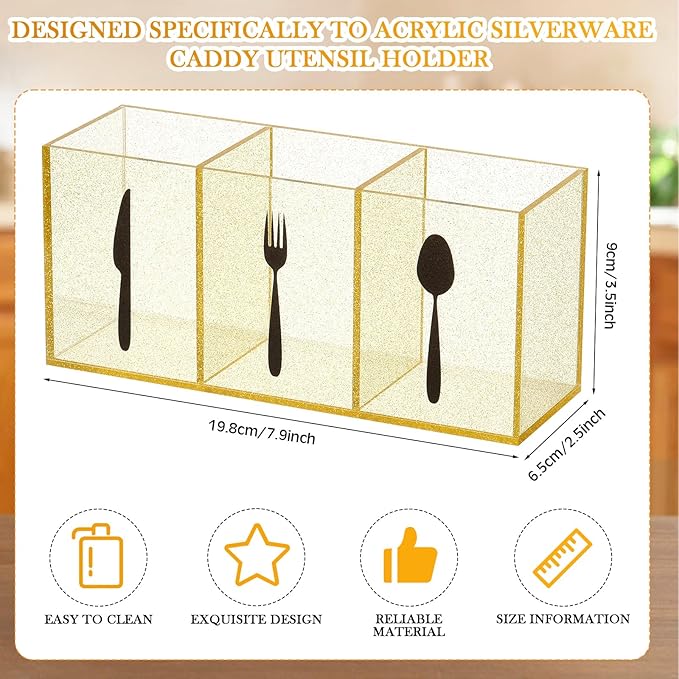 Suzile Acrylic Cutlery Storage Organizer Bin Silverware Caddy Countertop Knife Spoon and Fork Holder Kitchen 3 Section Tableware Storage Box for Cabinet Indoor Home Flatware Dining Room(Gold Pink,M)