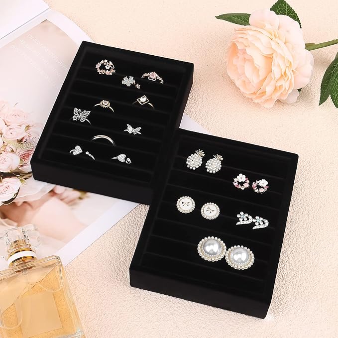 DesignSter Small Jewelry Tray-Ring Organizer 2PCS Premium Velvet Rings Earrings Display Tray Storage Insert Holder for Jewelry Box, Drawer, Dresser (8 Slots, Black)