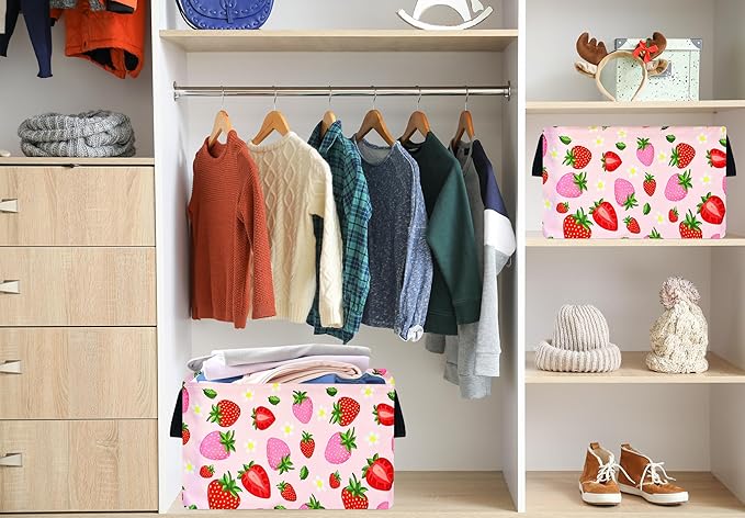Rec Strawberry Print Storage Box Clothes Hamper Basket Collapsible Organizer Bin Gift Shelf Baskets for Home and Kitchen Storage.