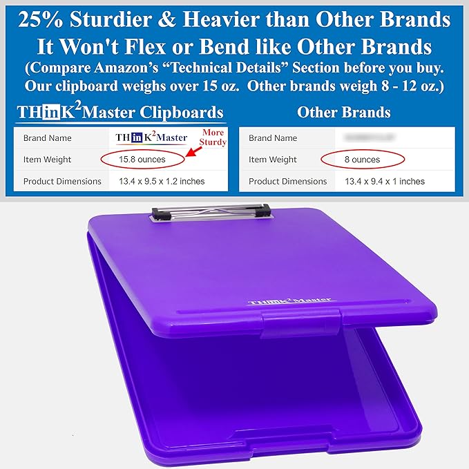 Think2Master [3 Pack] Purple Plastic Storage Clipboard. | 25% Heavier & Sturdier| Heavy Duty and Won’t Flex Like Other Brands (Compare The Weight). Storage Compartment Holds 150 Letter Sized Paper.
